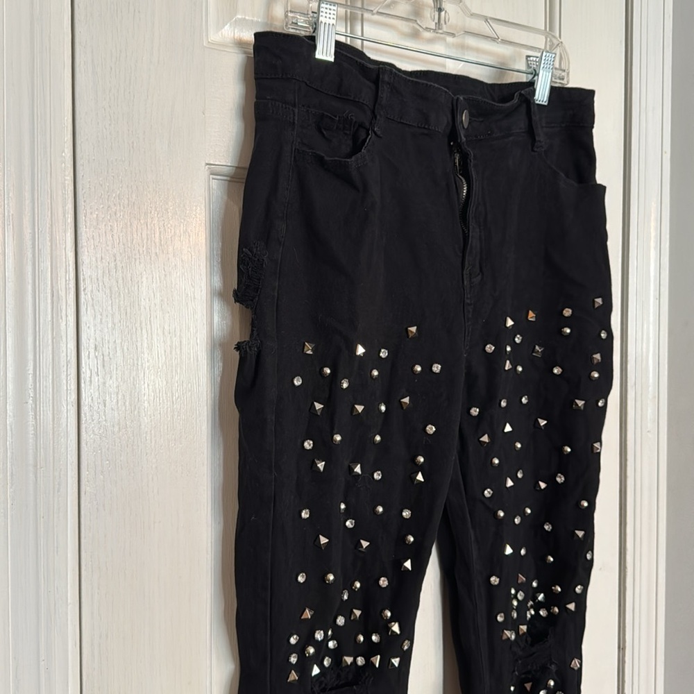 Black studded rocker distressed denim skinny jeans XL - Picture 4 of 13